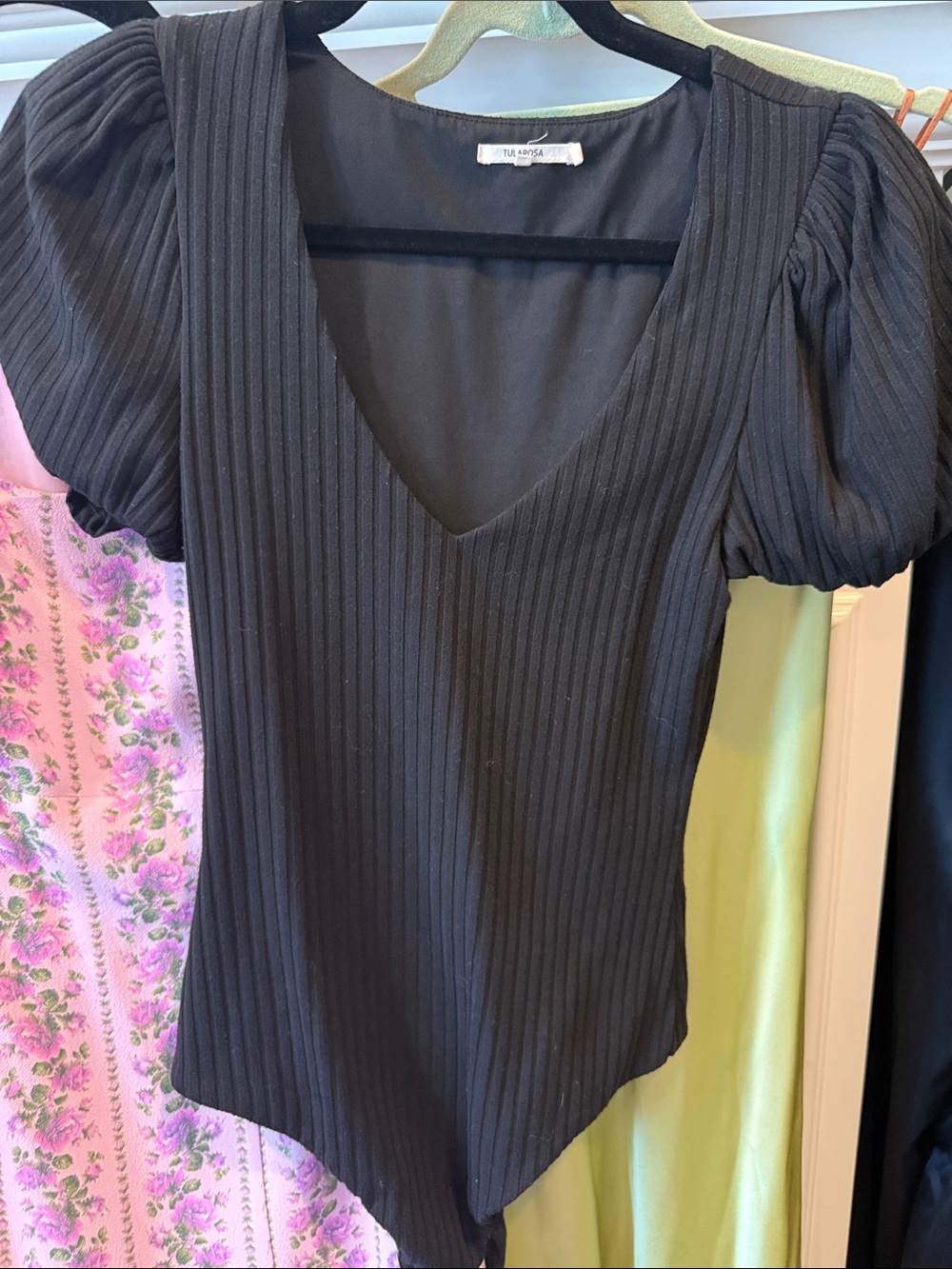 Tularosa Black Ribbed V-Neck Puff Sleeve Bodysuit